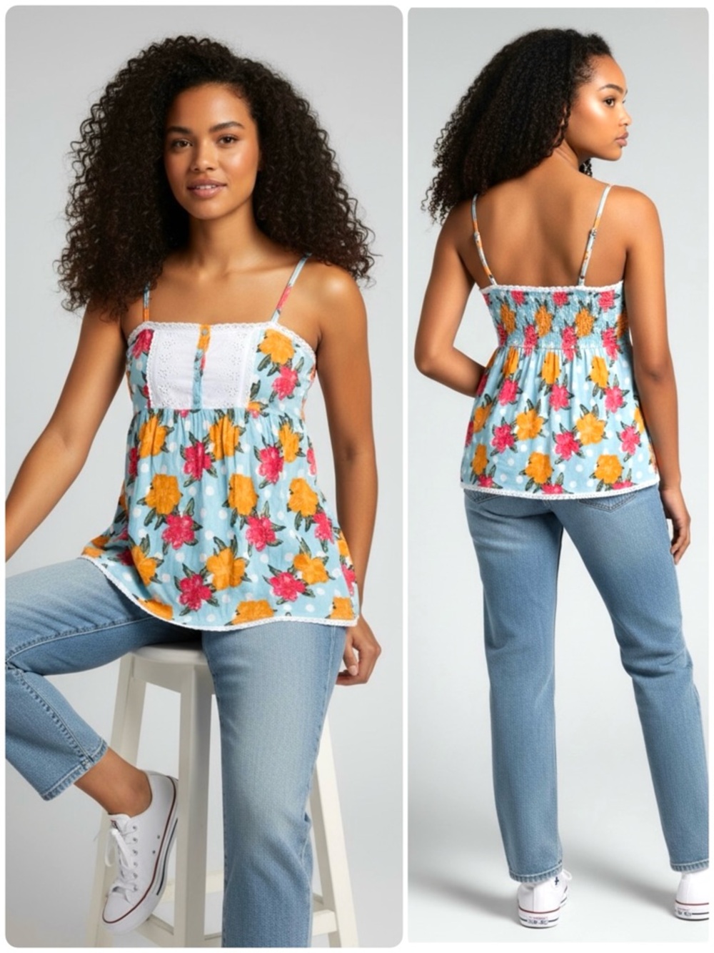 Arizona Eyelet Detail 100% Cotton Top Spaghetti Strap Floral Print